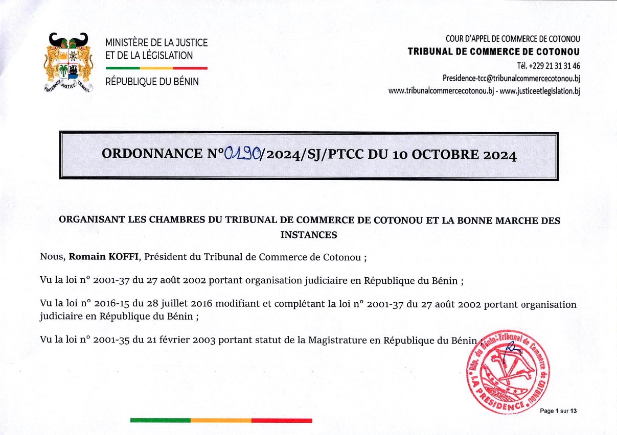 Ordonnance N°0190/2024/SJ/PTCC du 10 octobre 2024 organisant les chambres du Tribunal de Commerce de Cotonou